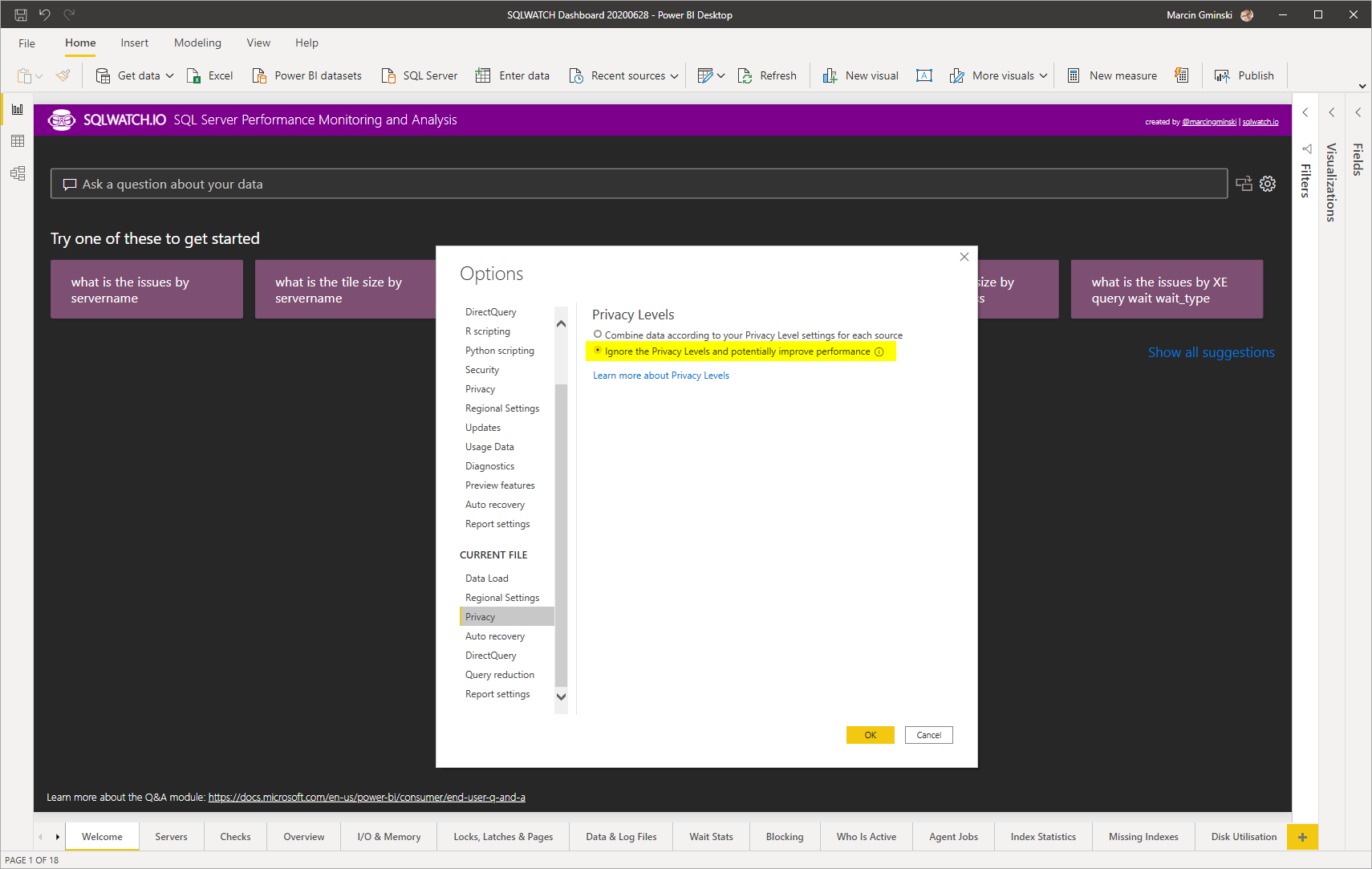 SQLWATCH PowerBI Privacy Setting